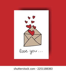 Vector illustration. Greeting card for Valentine's Day. Colorful background in cartoon style, consisting of hand-drawn symbols of February 14th. The concept of love, falling in love, passion.