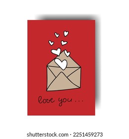 Vector illustration. Greeting card for Valentine's Day. Colorful background in cartoon style, consisting of hand-drawn symbols of February 14th. The concept of love, falling in love, passion.