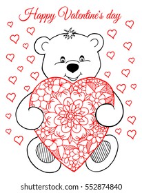 Vector illustration, greeting card, valentines, a teddy bear with a heart. The work Made in manually. Book Coloring anti-stress for adults and children. 