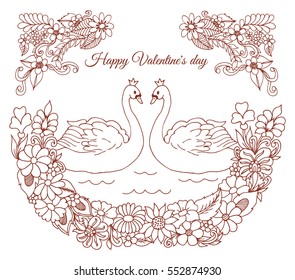 Vector illustration, greeting card, valentines, of a pair of swans in flowers. The work Made in manually.Coloring book anti stress for adults.Brown and white.