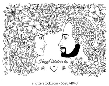 Vector illustration, greeting card, valentines, in love couple, man and woman in flowers. The work Made in manually. Coloring book anti stress for adults. Black and white.