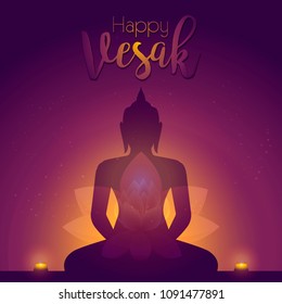 Vector illustration greeting card for Vesak day with lotus flower and buddhas silhouette.