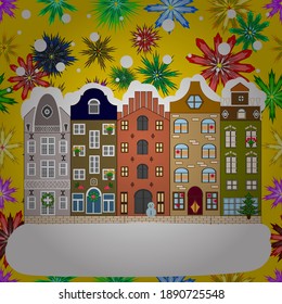 Vector illustration. Greeting card. Village in Christmas, banner on background with snow and snowflakes.