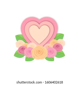 Vector illustration. Greeting card, wedding invitation. Paper effect hearts with floral composition on white background.