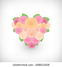Vector illustration. Greeting card, wedding invitation. Roses heart on vignette background. Floral composition.
