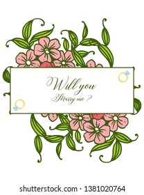 Vector illustration greeting card will you marry me with pink flower frames blooms hand drawn