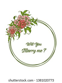 Vector illustration greeting card will you marry me with pink flower frames blooms hand drawn