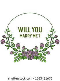 Vector illustration greeting card will you marry me for pattern purple flower frame