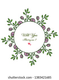 Vector illustration greeting card will you marry me for pattern purple flower frame