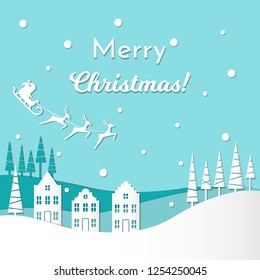 Vector illustration greeting card for winter holidays. Santa Claus with reindeers and sleigh on sky. Trees and european houses. Text: Merry Christmas. Paper cut out style. Blue and white colors.  