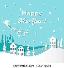 Vector illustration greeting card for winter holidays. Santa Claus with reindeers and sleigh on sky. Trees and european houses. Text: Happy New Year. Paper cut out style. Blue and white colors.  