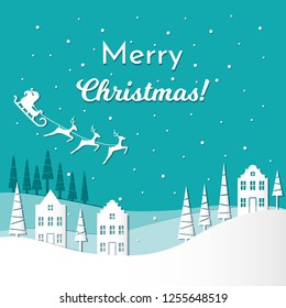 Vector illustration greeting card for winter holidays. Santa Claus with reindeers and sleigh on night sky. Trees and european houses. Text: Merry Christmas. Paper cut out style. Blue colors.  