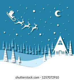 Vector illustration greeting card for winter holidays. Santa Claus with reindeers and sleigh on night sky. Trees and house. Paper cut out style. Blue colors.  