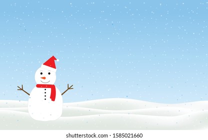 Vector illustration greeting card of winter landscape with snowfall and snowman. Design for Christmas and New Year. Winter theme banner. Winter background
