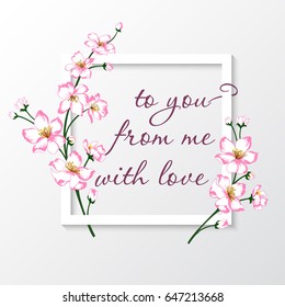 Vector illustration of greeting card "With love". Paper rectangle with pink blossom flowers.