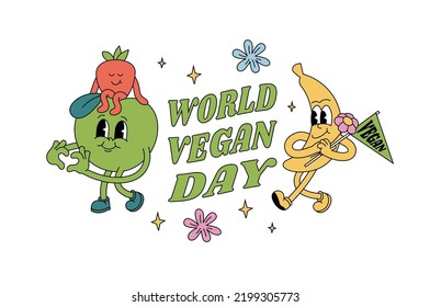 Vector illustration greeting card for world vegan day with fruits characters