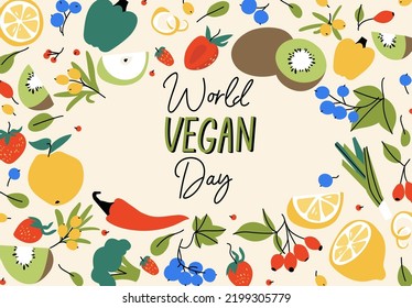 Tarjeta de saludo de ilustración vectorial para el día vegano mundial con diferentes verduras y frutas