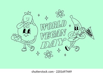 Vector illustration greeting card for world vegan day with fruits characters