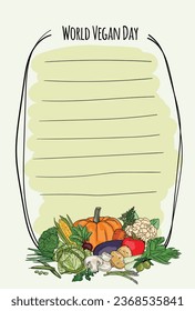 
Vector illustration of a greeting card for World Vegan Day with space for text and various vegetables