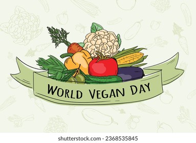 Vector illustration of a greeting card for World Vegan Day with various vegetables