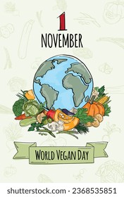 Vector illustration of a greeting card for World Vegan Day with planet and various vegetables