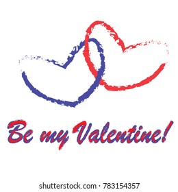 Vector illustration for a greeting card, wrapping paper or banner to the Day of all lovers with the image of a blue and red heart and the inscription "Be my Valentine!" on a white background