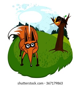 vector illustration for greeting cards, children's book fox and crow. sly fox waits on the ground until the cheese Crow will release from its beak on a tree. The bubble for text. backgrounds woods