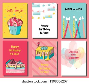 Vector illustration of greeting cards. Happy birthday cards. Bright greetings, set of postcards.