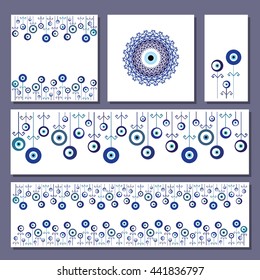 vector illustration / greeting cards layouts with turkish evil eye nazar boncuk charms  