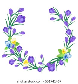 Vector illustration for greeting cards,wedding invitations, birthday,spring or summer holiday,festival.frame of Crocus or saffron,pansies.floral wreath of purple flowers on a white background.