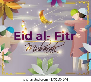 ilustración vectorial del saludo para el texto de Eid al-Fitr Mubarak significa Eid al-Fitr Mubarak, luna dorada brillante y linterna con un bello fondo geométrico en la noche brillante de la estrella, abrazo de dos personas 