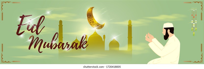 ilustración vectorial del saludo por el texto de Eid Mubarak significa Eid Mubarak, luna dorada brillante y linterna con bello fondo geométrico en el reluciente telón de fondo con mezquita, el hombre reza a Dios.