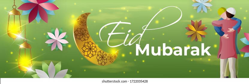 ilustración vectorial del saludo por el texto de Eid Mubarak significa Eid Mubarak, luna dorada brillante y linterna con bello fondo geométrico en la brillante noche de estrella, dos personas abrazándose entre sí.