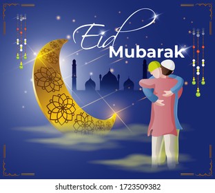 Vektorgrafik des Grußbildes von Eid Mubarak bedeutet Eid Mubarak, goldener glänzender Mond und Dangler mit schönem bewölktem Nachthintergrund in glänzender Sternnacht und Moschee, zwei Personen umarmt 