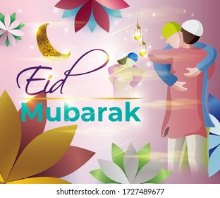 vector illustration of greeting for Eid Mubarak text means Eid Mubarak, golden shiny moon and lantern with beautiful geometrical background in shiny star night, two person hugging each other.