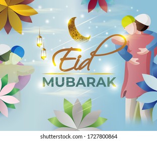 vector illustration of greeting for Eid Mubarak text means Eid Mubarak, golden shiny moon and lantern with beautiful geometrical background in shiny star night, two person hugging each other.