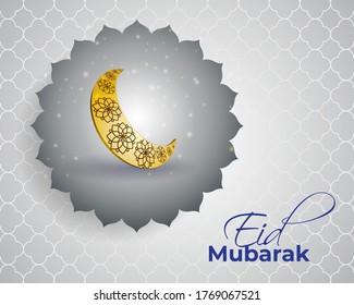 vector illustration of greeting for Eid Mubarak text means Eid Mubarak, golden shiny moon, concept for festive background 