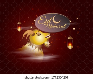 Vektorgrafik des Grußbildes für den Text von Eid Mubarak bedeutet Eid Mubarak, goldener glänzender Mond, Konzept für festlichen Hintergrund 