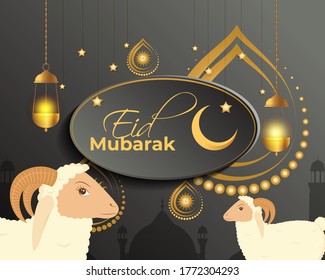 vector illustration of greeting for Eid Mubarak text means Eid Mubarak, golden shiny moon, concept for festive background 