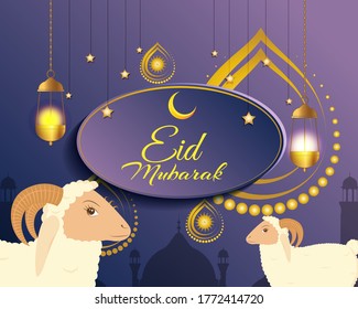 Vektorgrafik des Grußbildes für den Text von Eid Mubarak bedeutet Eid Mubarak, goldener glänzender Mond, Konzept für festlichen Hintergrund 