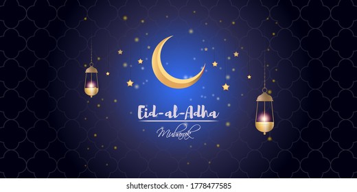 Vektorgrafik des Grußbildes für den Text von Eid Mubarak bedeutet Eid Mubarak, goldener glänzender Mond, Konzept für festlichen Hintergrund 