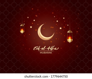 vector illustration of greeting for Eid Mubarak text means Eid Mubarak, golden shiny moon, concept for festive background 