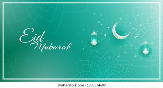 Vektorgrafik des Grußbildes für den Text von Eid Mubarak bedeutet Eid Mubarak, goldener glänzender Mond, Konzept für festlichen Hintergrund 