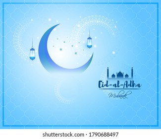 Vektorgrafik des Grußbildes für den Text von Eid Mubarak bedeutet Eid Mubarak, goldener glänzender Mond, Konzept für festlichen Hintergrund 