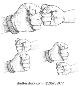 Vector illustration of a greeting fist in the fist of a dad and a child