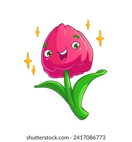 Vector illustration of a greeting flower in cartoon style.  A cute character in a congratulatory gesture. Tulip sticker for social networks.