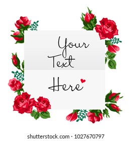 Vector illustration of greeting gift card with red roses. Black text on white paper between red roses and green leaves.