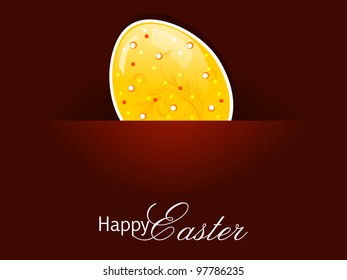 Vector illustration of greeting, gift card, banner or template having beautifully decorated egg in yellow color on maroon color background for Happy Easter. EPS 10.