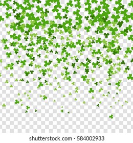 Vector illustration. Greeting happy St. Patrick's day. Green clover random falling on transparent background. Irish sign and symbol of luck