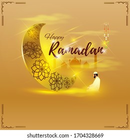 vector illustration of greeting for holy Islamic month with text Ramadan text means Ramadan 